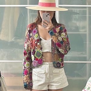 Marisa Christina hand crochet cropped cardigan with wooden buttons